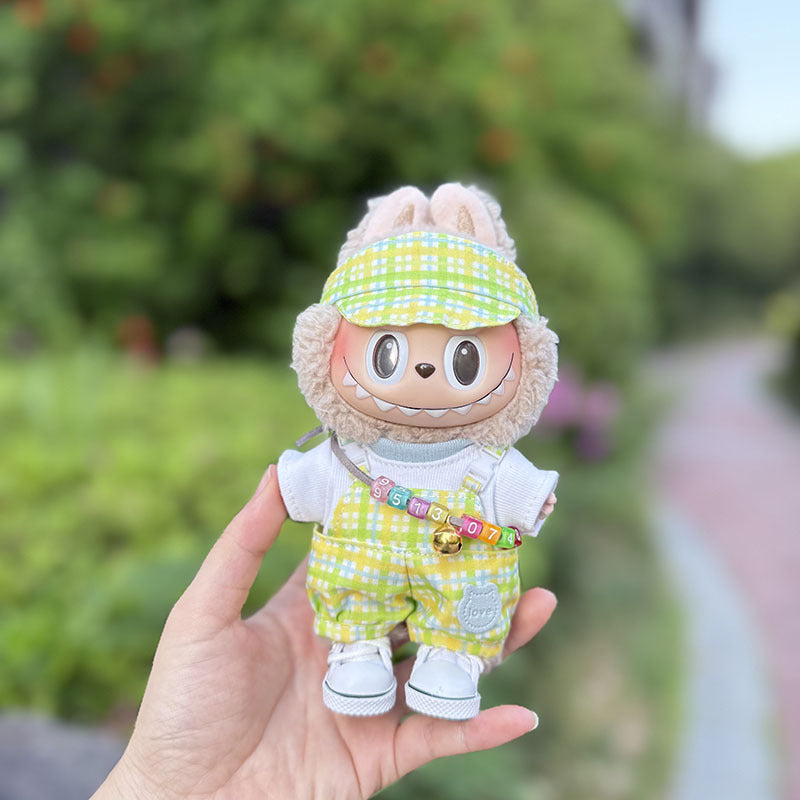 The first, second and third generation keychain Labubu clothes pendant Labubu baby clothes bubble gum color overalls set cute