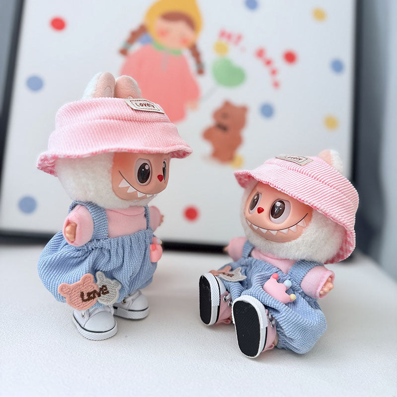 First and second generation keychain Labubu clothes pendant Labubu baby clothes pink and blue bear music overalls set cute
