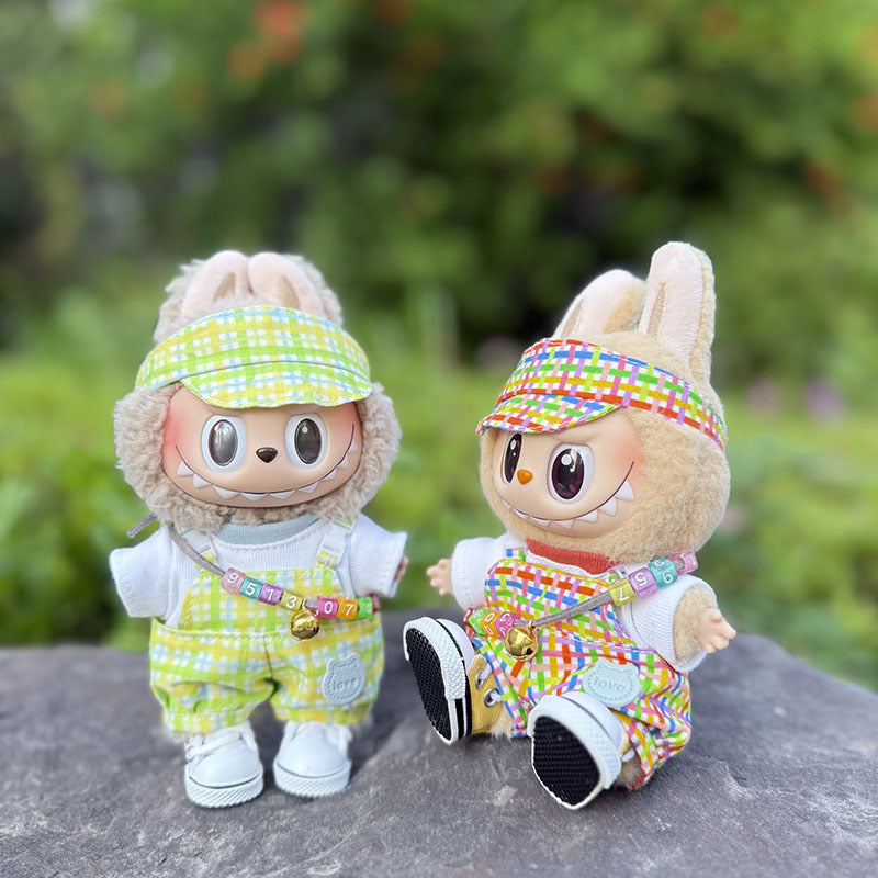 The first, second and third generation keychain Labubu clothes pendant Labubu baby clothes bubble gum color overalls set cute