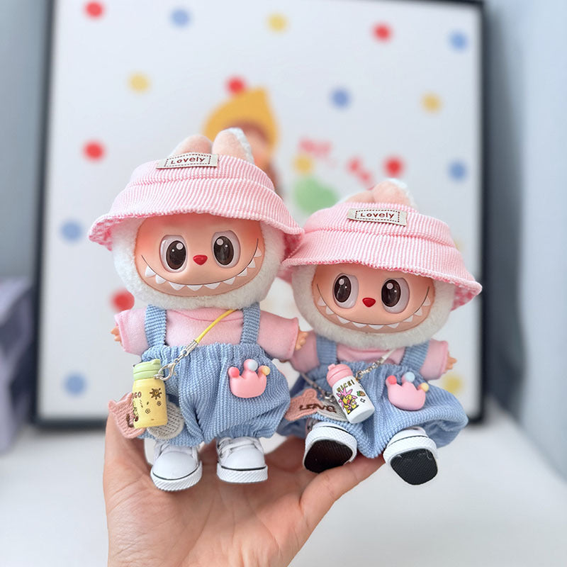 First and second generation keychain Labubu clothes pendant Labubu baby clothes pink and blue bear music overalls set cute