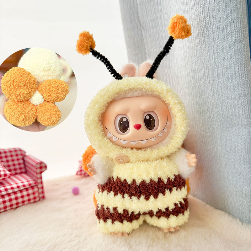 17Cm blind box rabub with pure handmade baby elephant purple rabbit overalls set labubu pendant baby clothes cute