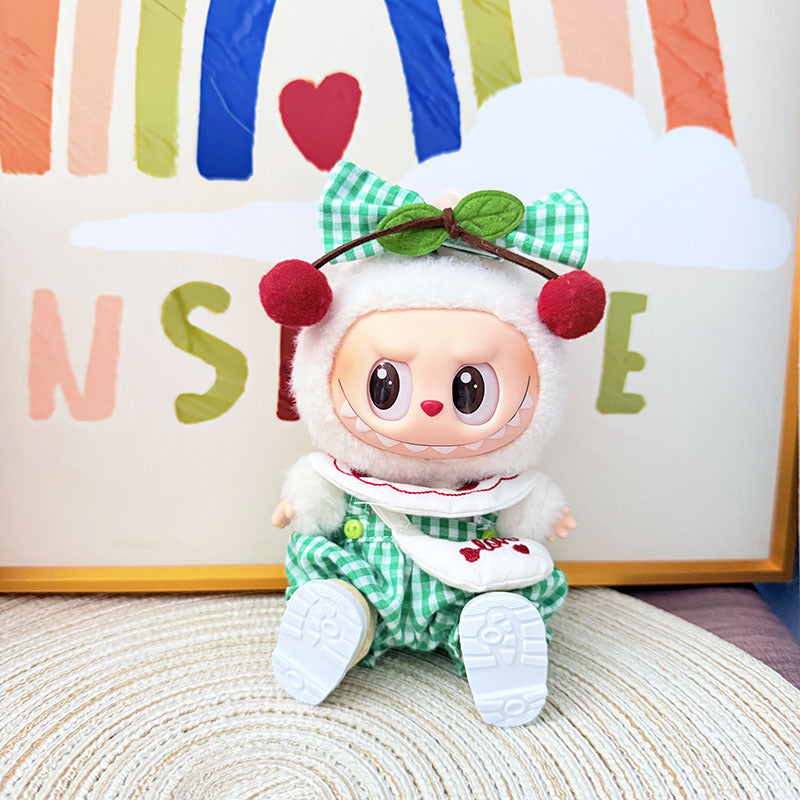 The first, second and third generation Labubu clothes pendant Labubu sitting baby clothes pink and green grid cherry strap satchel set