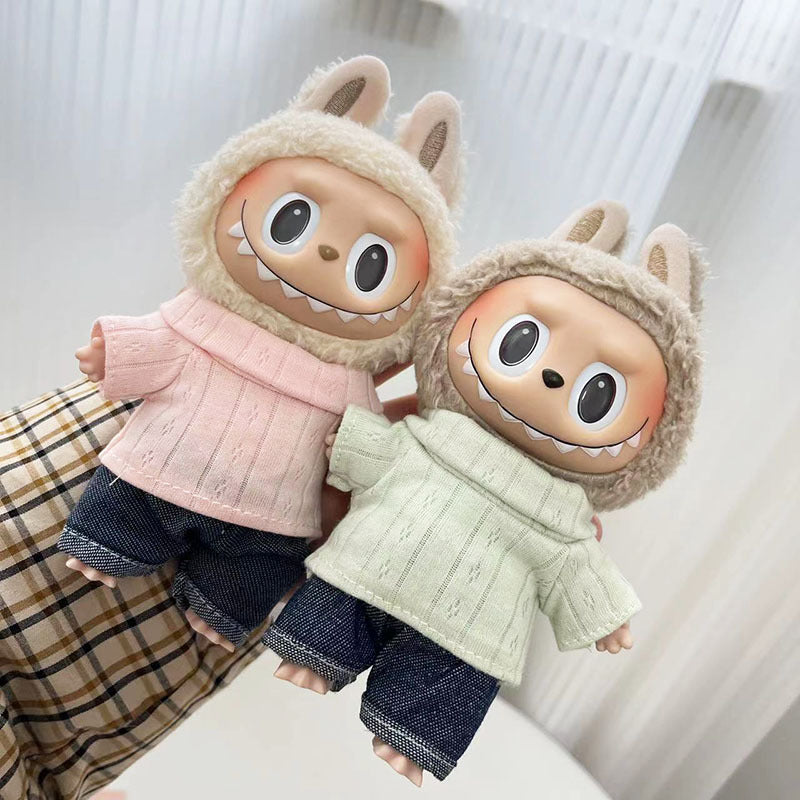 17Cm blind box rabub with simple turtleneck two-piece casual suit labubu pendant, cute clothes