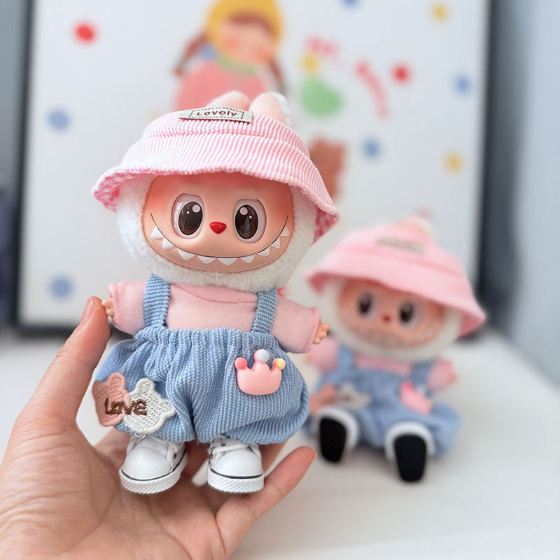 First and second generation keychain Labubu clothes pendant Labubu baby clothes pink and blue bear music overalls set cute