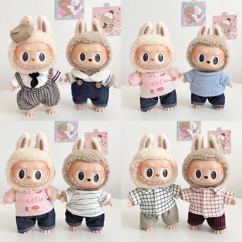 15Cm blind box rabub casual plaid overalls suit macaron labubu pendant doll plaid suit
