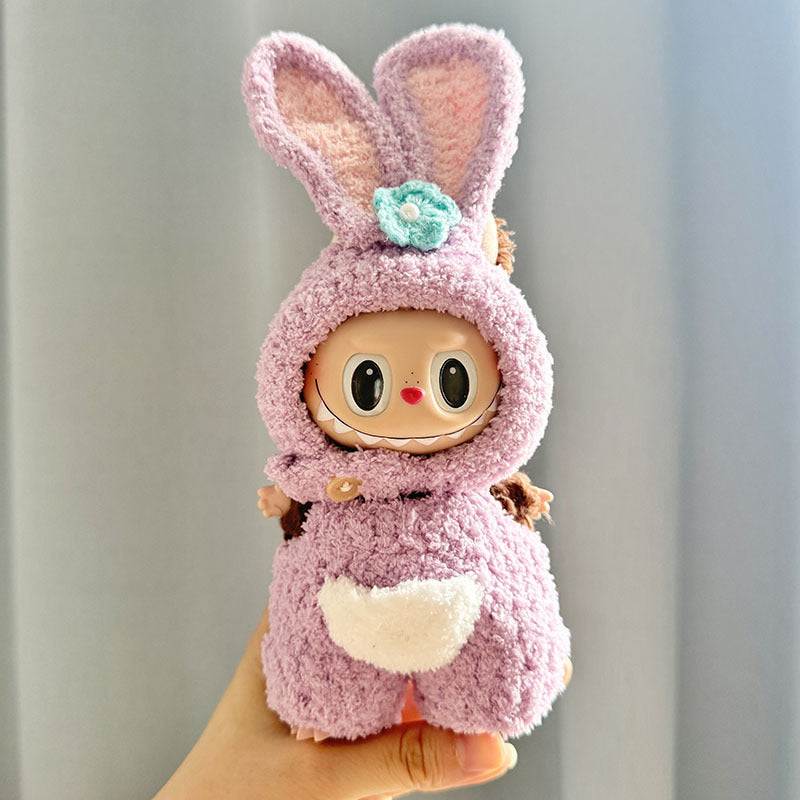 17Cm blind box rabub with pure handmade baby elephant purple rabbit overalls set labubu pendant baby clothes cute