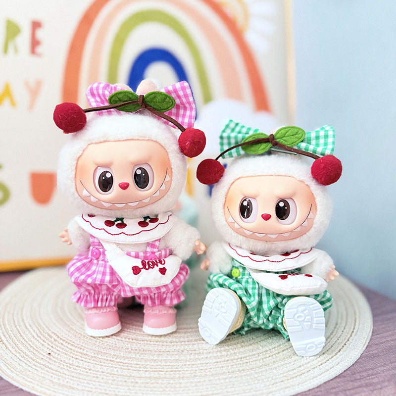 The first, second and third generation Labubu clothes pendant Labubu sitting baby clothes pink and green grid cherry strap satchel set