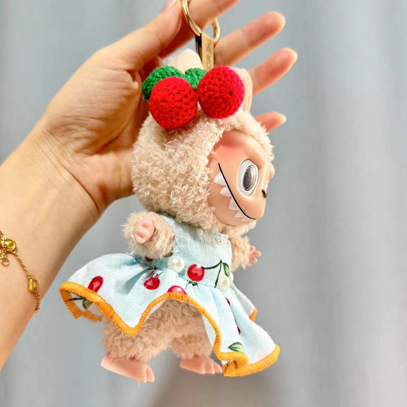 17Cm rabub wearing pendant labubu keychain baby clothes 10cm cotton doll clothes line ball cherry skirt