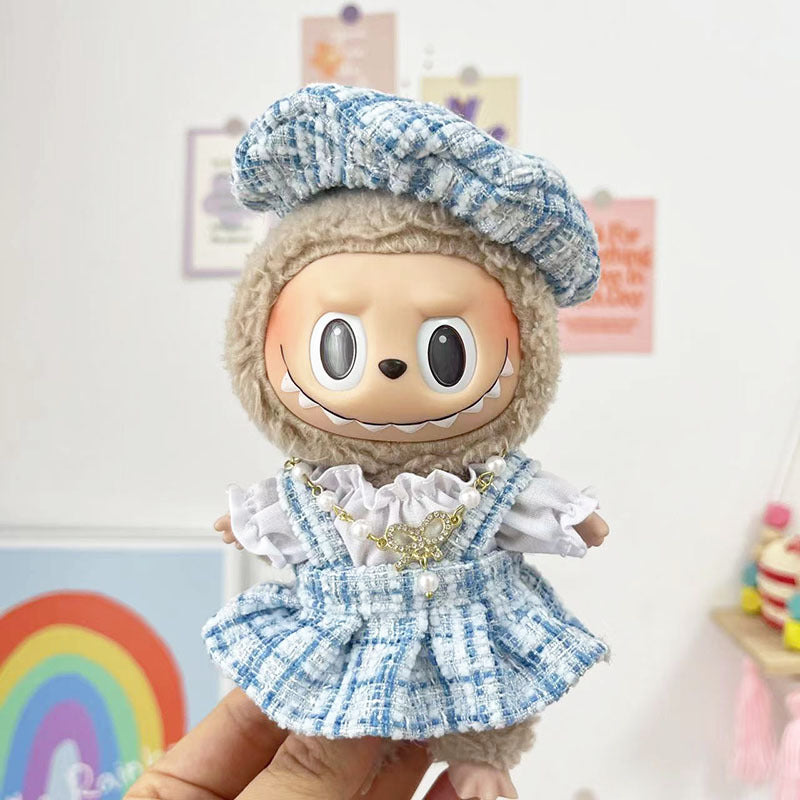 17Cm blind box rabub for small blue-gray rhombus grid sweater set labubu pendant clothes are cute and cute