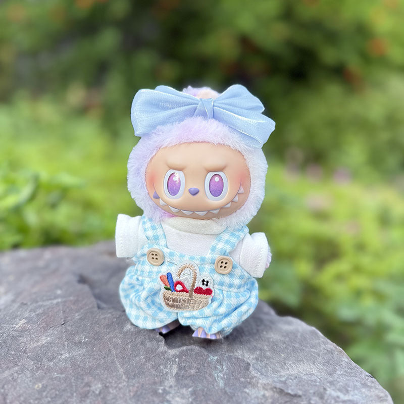 The first, second and third generation keychain Labubu clothes pendant Labubu baby clothes small basket overalls set is cute.