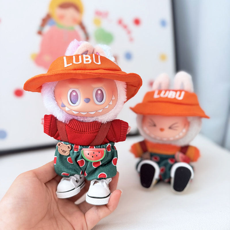 The first, second and third generation keychain Labubu clothes pendant Labubu baby clothes watermelon bear overalls set is cute.
