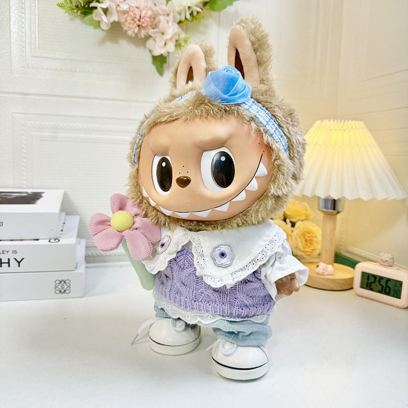 38Cm Labubu plush doll clothes for Labubu doll clothes spring purple sweater flower set