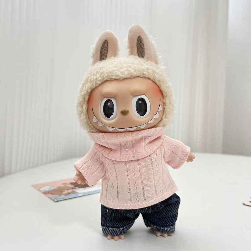 17Cm blind box rabub with simple turtleneck two-piece casual suit labubu pendant, cute clothes