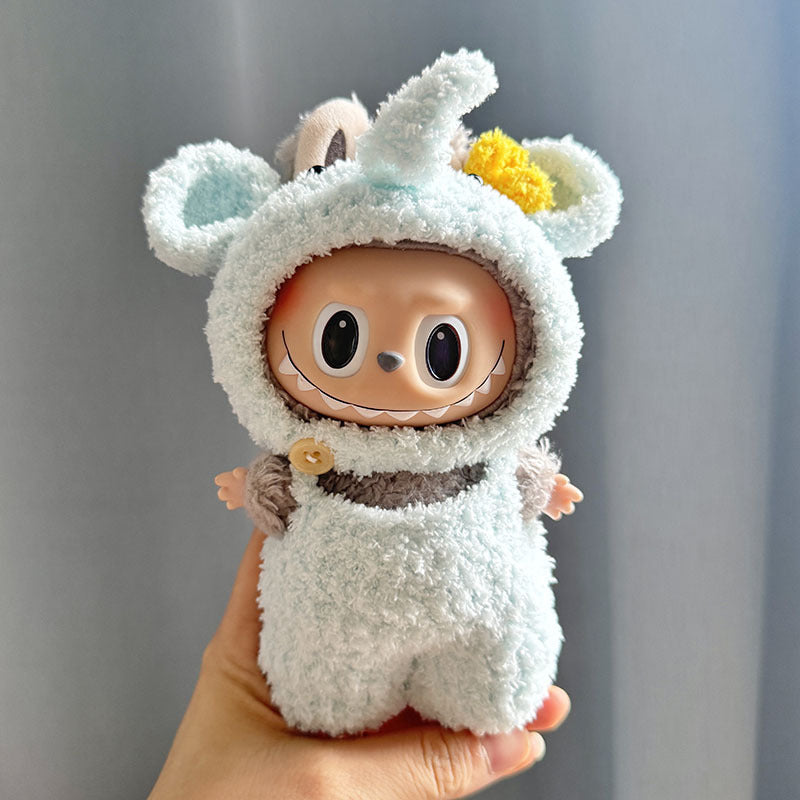 17Cm blind box rabub with pure handmade baby elephant purple rabbit overalls set labubu pendant baby clothes cute