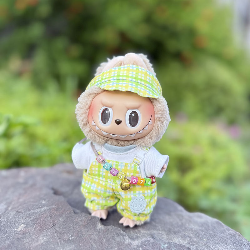 The first, second and third generation keychain Labubu clothes pendant Labubu baby clothes bubble gum color overalls set cute