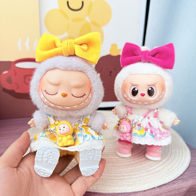 First, second and third generation Labubu clothes pendant Labubu sitting party baby clothes summer suspender skirt pink childhood clothes