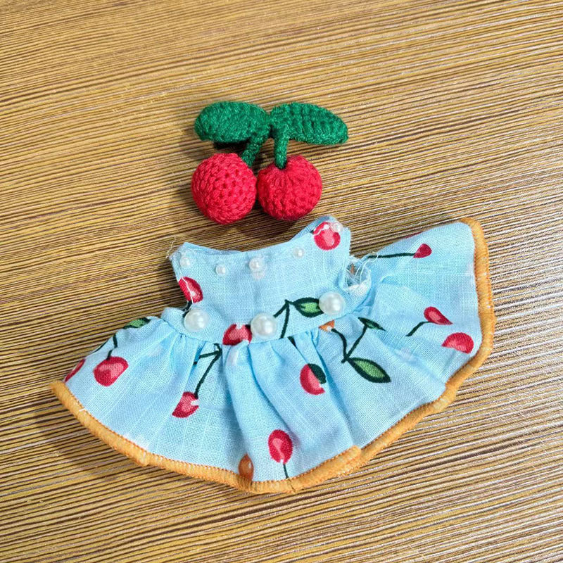 17Cm rabub wearing pendant labubu keychain baby clothes 10cm cotton doll clothes line ball cherry skirt