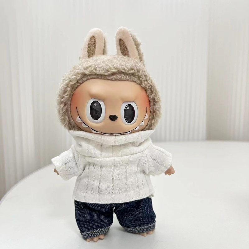 17Cm blind box rabub with simple turtleneck two-piece casual suit labubu pendant, cute clothes