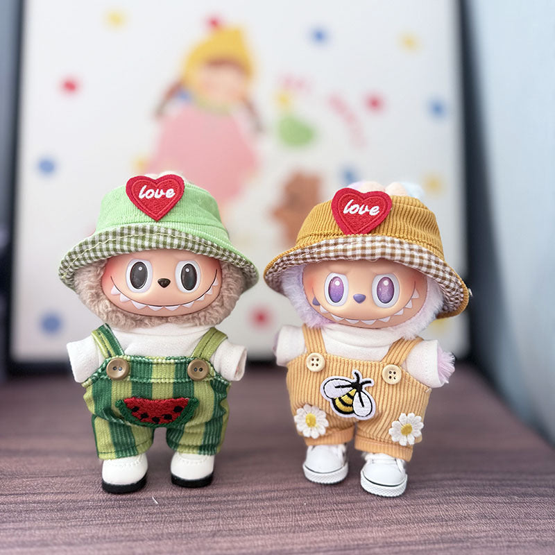 The first, second and third generation keychain Labubu clothes pendant Labubu baby clothes summer watermelon overalls set is cute
