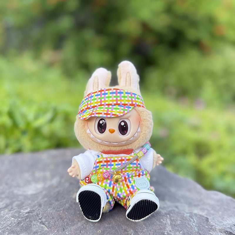 The first, second and third generation keychain Labubu clothes pendant Labubu baby clothes bubble gum color overalls set cute