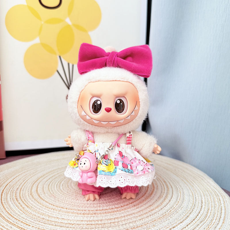 First, second and third generation Labubu clothes pendant Labubu sitting party baby clothes summer suspender skirt pink childhood clothes