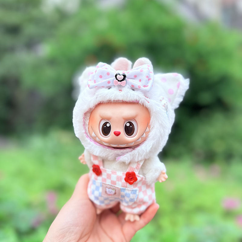 First and second generation keychain Labubu clothes pendant Labubu baby clothes cat hat + plaid overalls cute