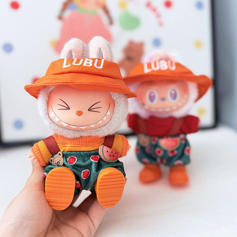 The first, second and third generation keychain Labubu clothes pendant Labubu baby clothes watermelon bear overalls set is cute.