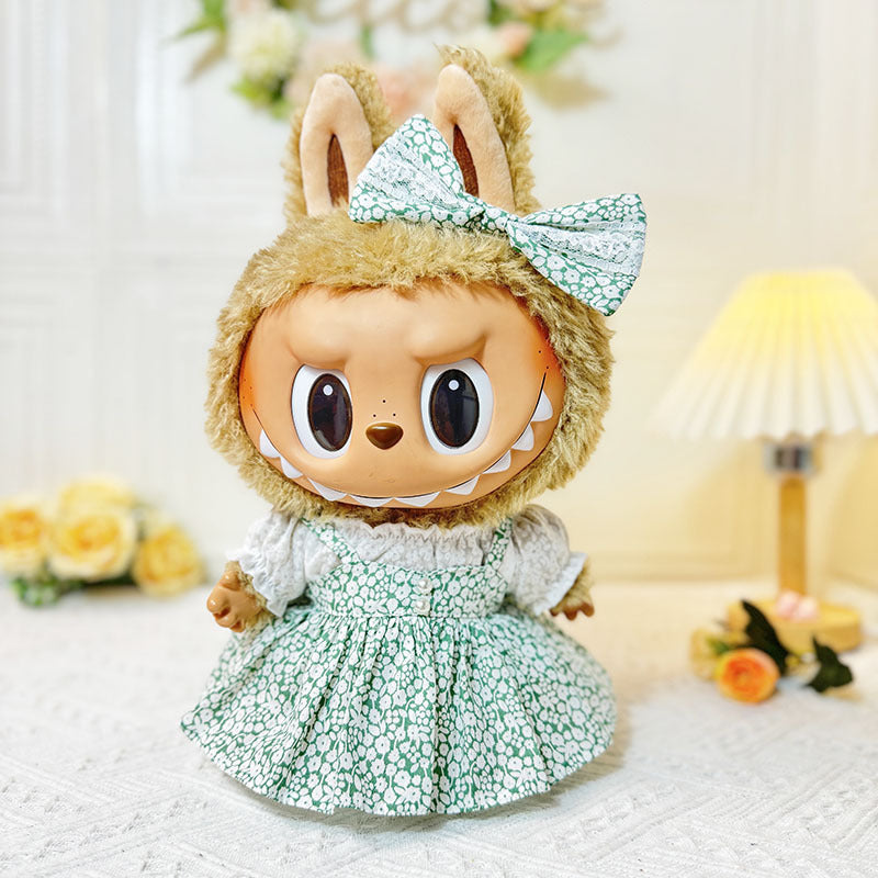 38Cm rabub vinyl plush doll clothes Labubu doll with floral pearl skirt three-piece set cute