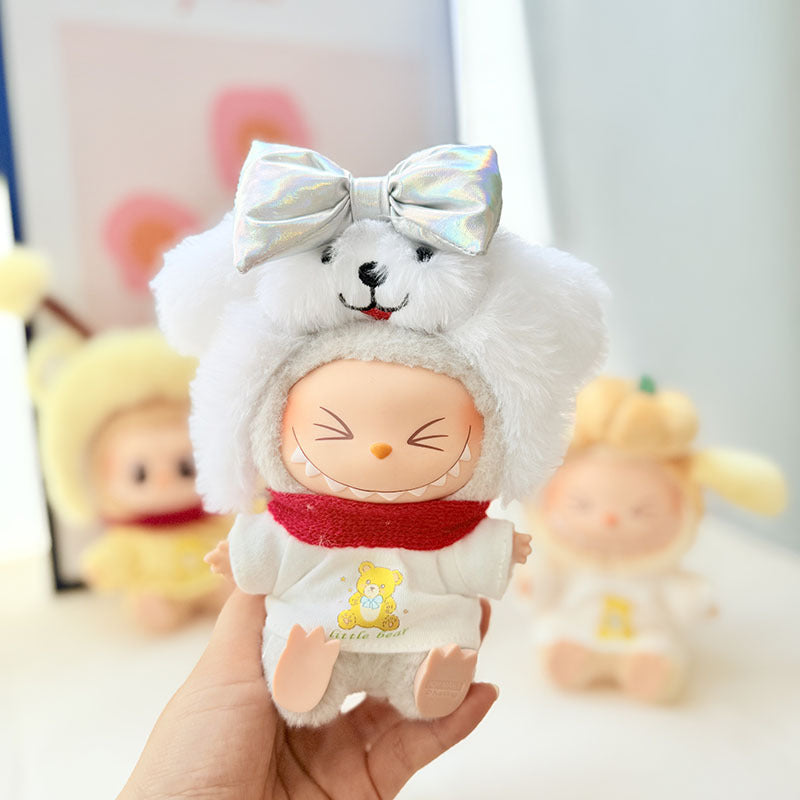 First and second generation keychain Labubu clothes pendant Labubu baby clothes cat hat + plaid overalls cute