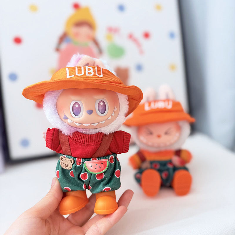 The first, second and third generation keychain Labubu clothes pendant Labubu baby clothes watermelon bear overalls set is cute.