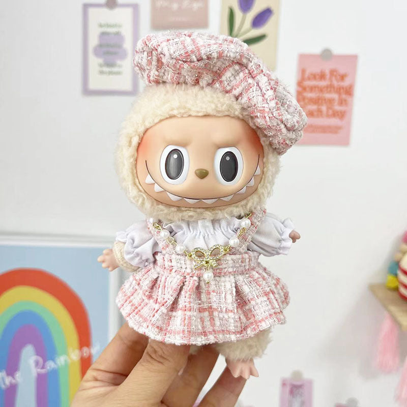 17Cm blind box rabub for small blue-gray rhombus grid sweater set labubu pendant clothes are cute and cute