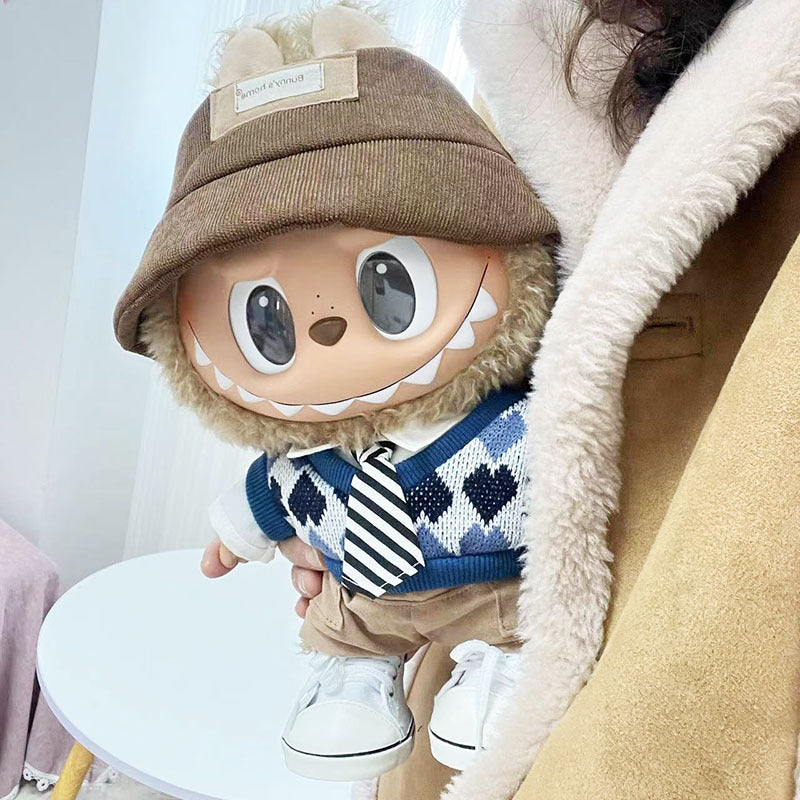 38Cm Labubu doll clothes blue-gray rhombus sweater set Labubu doll replacement baby clothes cute and cute