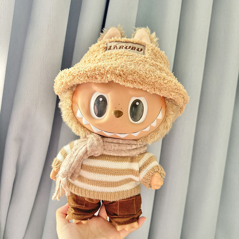 38Cm Labubu plush doll clothes for vinyl Labubu doll clothes coffee white striped sweater set