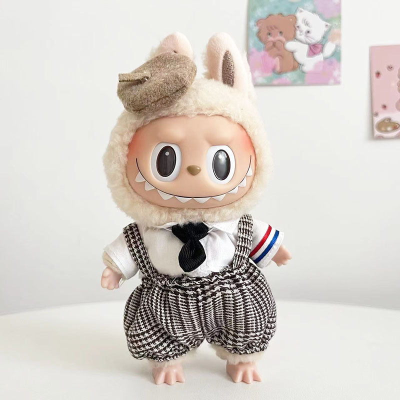 15Cm blind box rabub casual plaid overalls suit macaron labubu pendant doll plaid suit