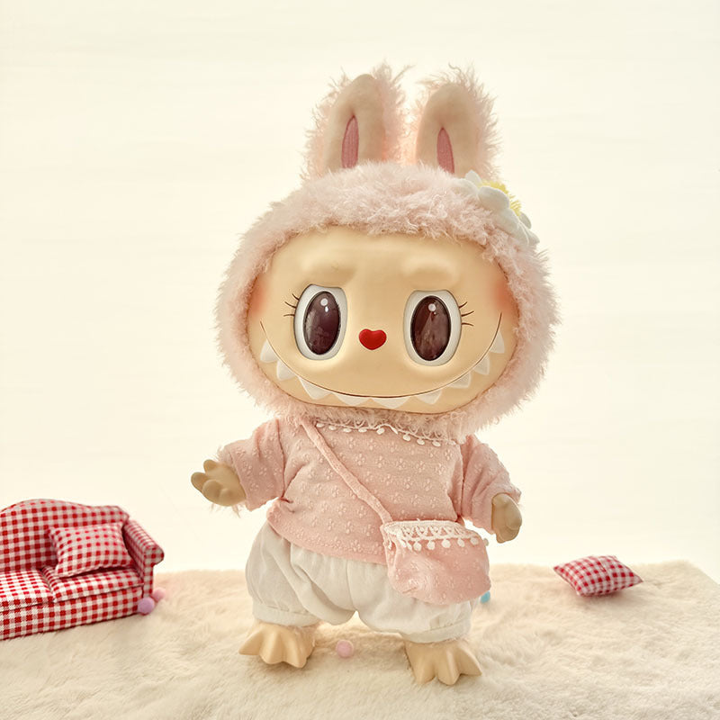 38Cm Labubu plush doll clothes for Labubu sweetheart doll baby clothes four-petal flower knitted three-piece set