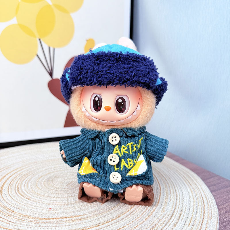 17Cm Labubuwa clothes LABUBU blind box sitting party first two three generations literary blue wind suit cute