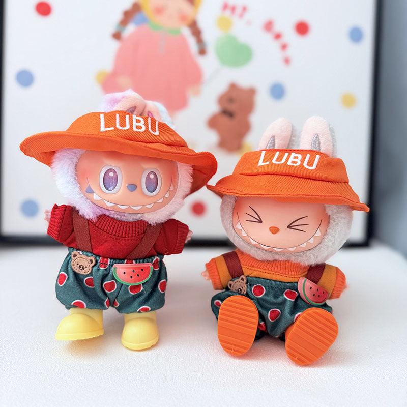 The first, second and third generation keychain Labubu clothes pendant Labubu baby clothes watermelon bear overalls set is cute.