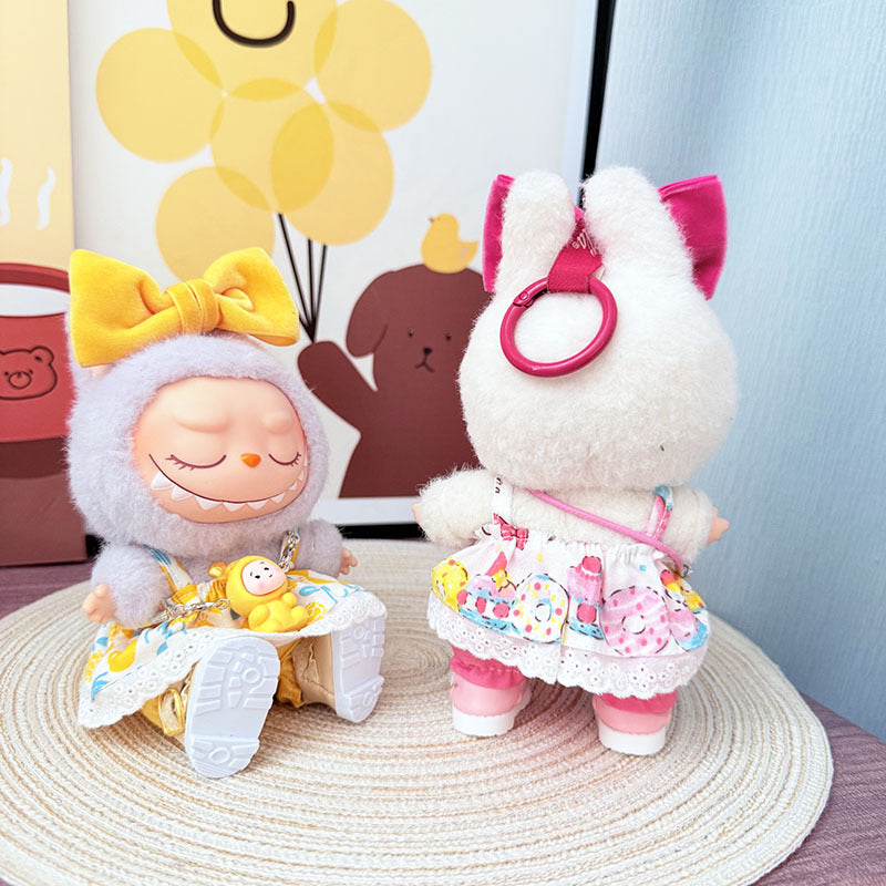 First, second and third generation Labubu clothes pendant Labubu sitting party baby clothes summer suspender skirt pink childhood clothes