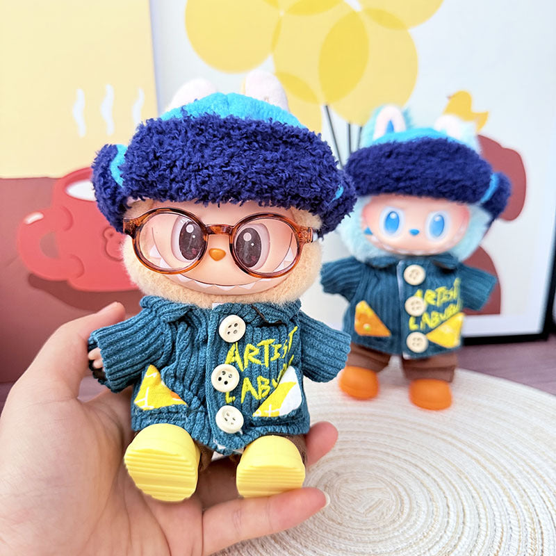17Cm Labubuwa clothes LABUBU blind box sitting party first two three generations literary blue wind suit cute