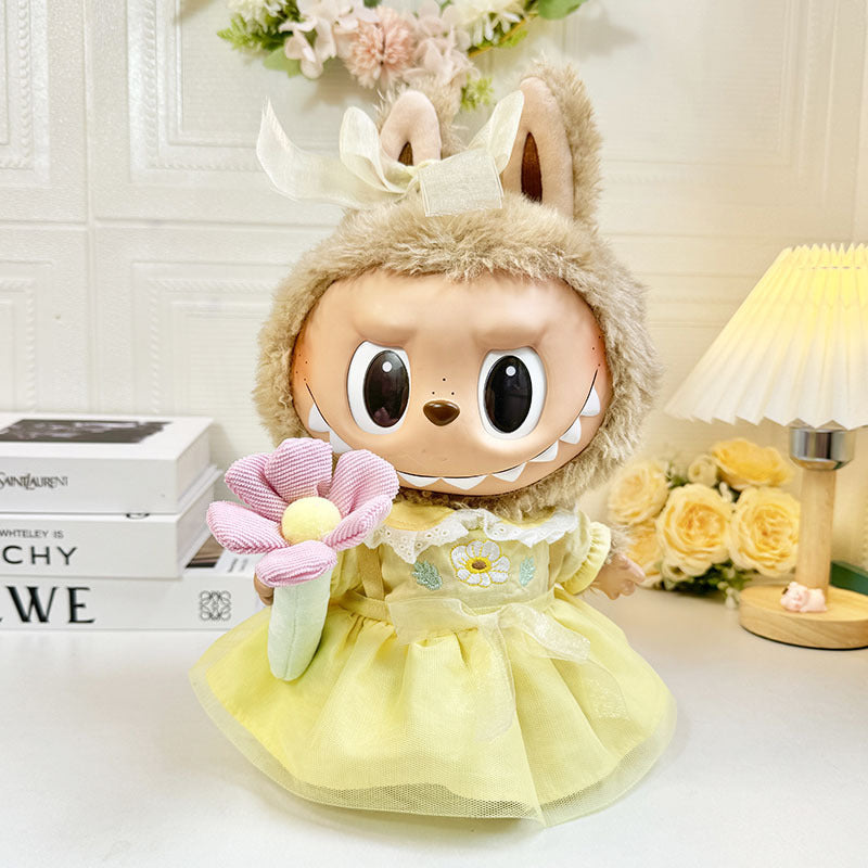 38Cm Labubu plush doll clothes for Labubu doll clothes spring yellow gauze skirt + flower set