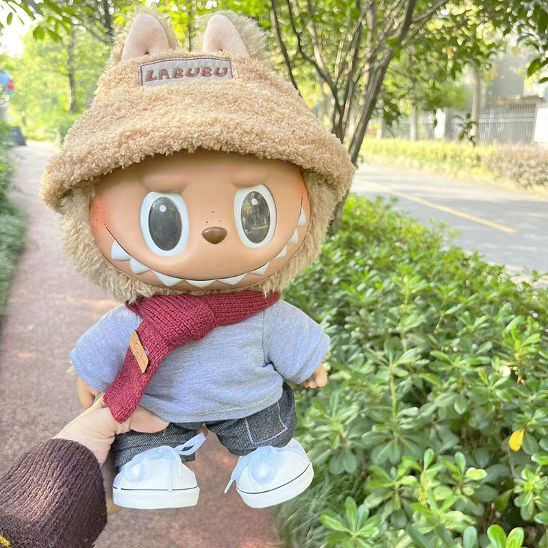 38Cm Labubu plush doll clothes for vinyl Labubu doll clothes coffee white striped sweater set