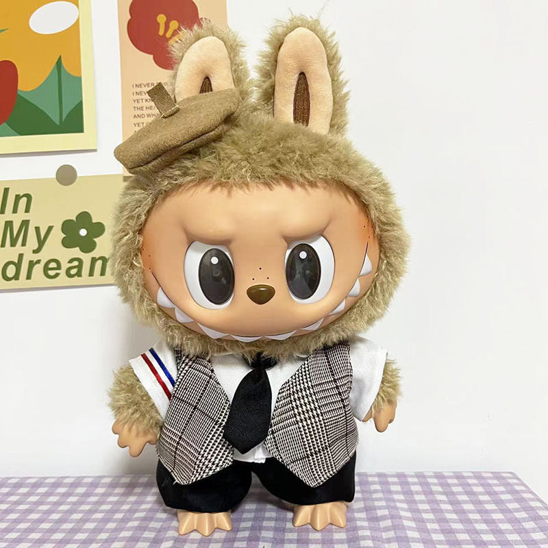 38Cm Labubu vinyl plush doll clothes for Labubu doll clothes plaid vest beret cute