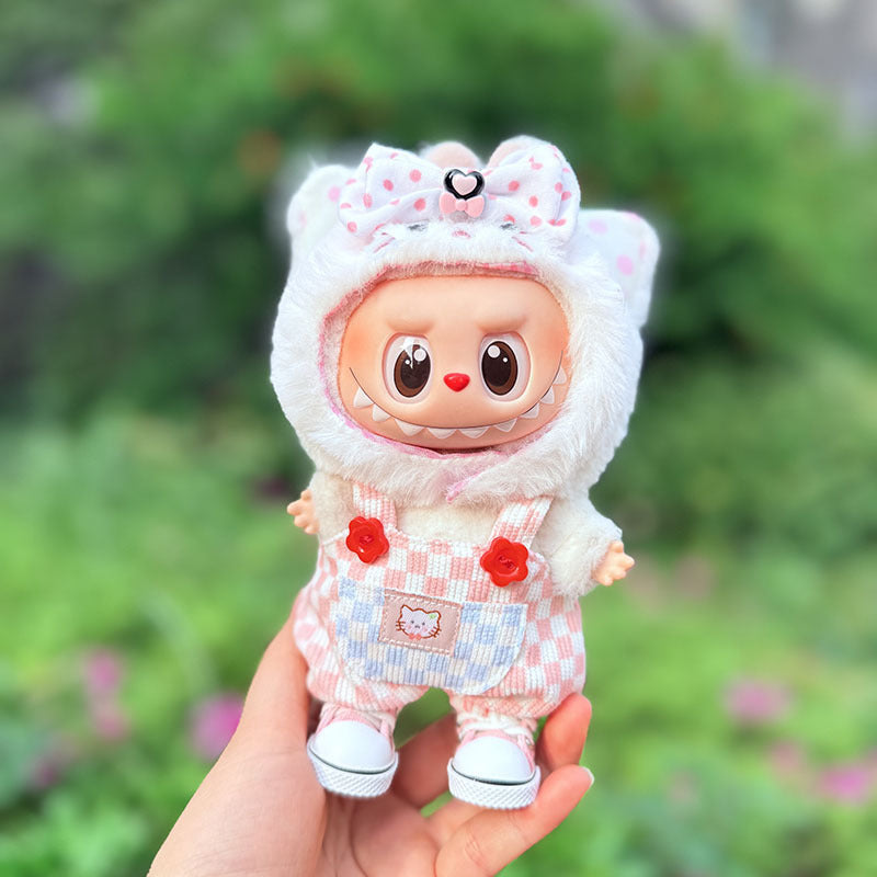 First and second generation keychain Labubu clothes pendant Labubu baby clothes cat hat + plaid overalls cute