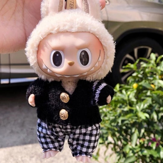 15Cm blind box rabub casual plaid overalls suit macaron labubu pendant doll plaid suit
