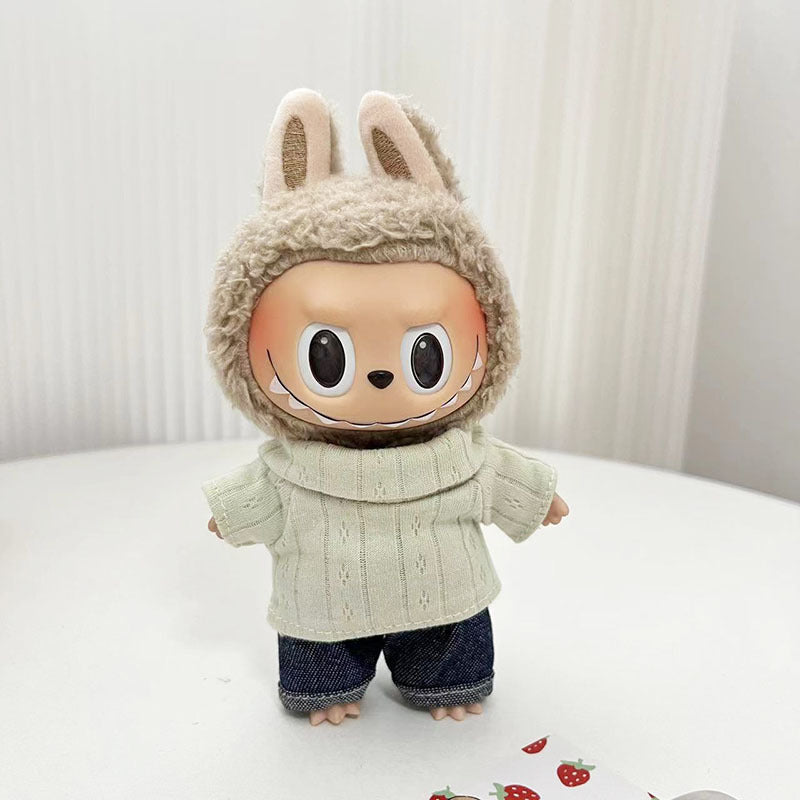 17Cm blind box rabub with simple turtleneck two-piece casual suit labubu pendant, cute clothes
