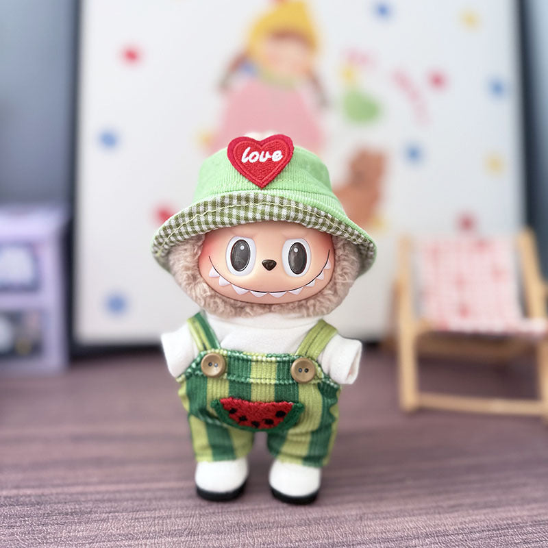 The first, second and third generation keychain Labubu clothes pendant Labubu baby clothes summer watermelon overalls set is cute