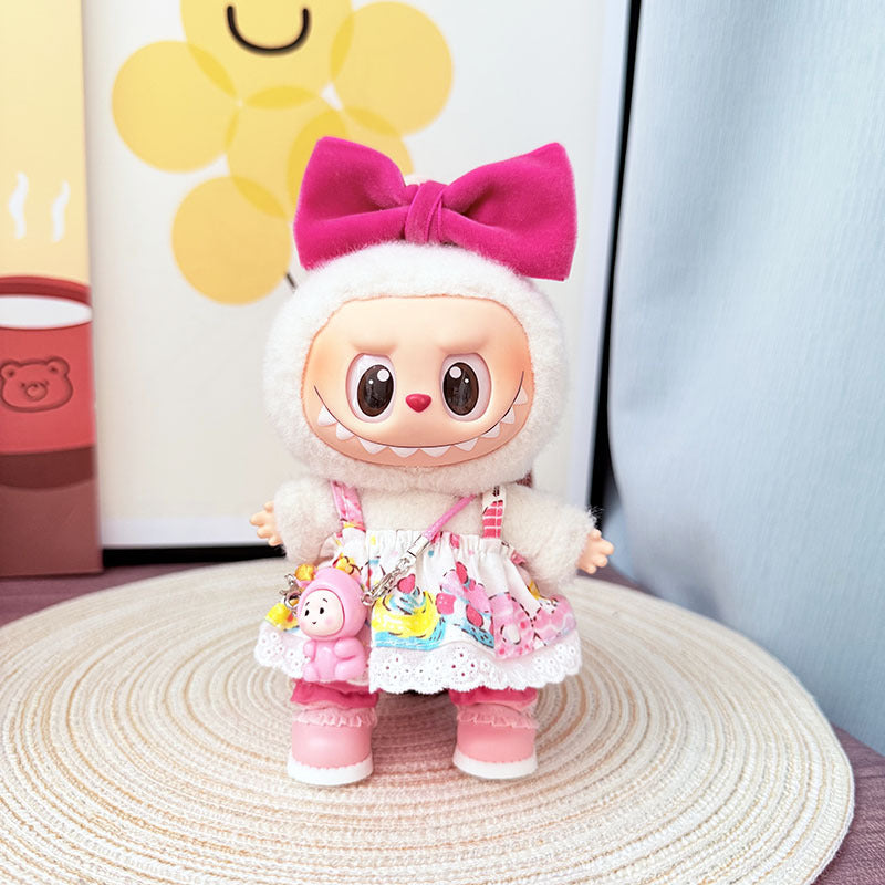 First, second and third generation Labubu clothes pendant Labubu sitting party baby clothes summer suspender skirt pink childhood clothes