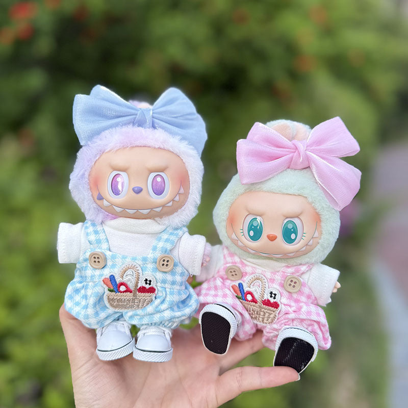 The first, second and third generation keychain Labubu clothes pendant Labubu baby clothes small basket overalls set is cute.