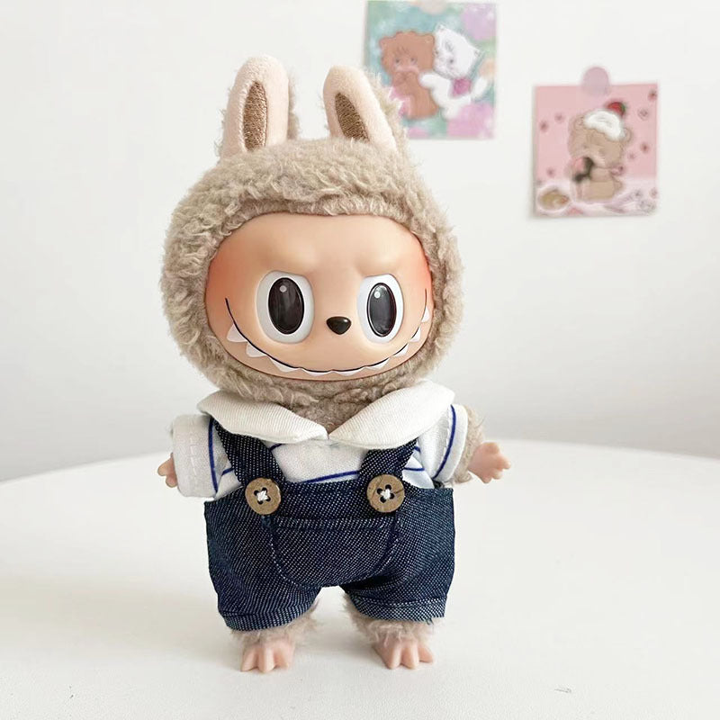 15Cm blind box rabub casual plaid overalls suit macaron labubu pendant doll plaid suit
