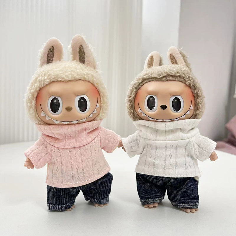 17Cm blind box rabub with simple turtleneck two-piece casual suit labubu pendant, cute clothes
